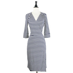 Traffic People | Blue & White Striped 3/4 Sleeve Wrap Dress, M Nautical Coastal